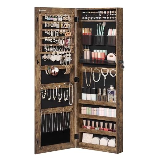 SONGMICS Jewelry Cabinet Armoire, Lockable Wall-Mounted Storage Organizer Unit with 2 Plastic Cosmetic Trays, Full-Length Frameless Mirror, Textured Brown UJJC001X01