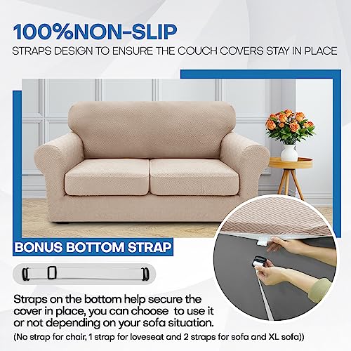 XINEAGE 2025 New 4 Pieces Couch Covers for 3 Cushion Couch Super Stretch Thick Soft Sofa Cover Anti Slip Sofa Slipcover Dogs Cats Furniture Protector (Khaki, 71"-91")