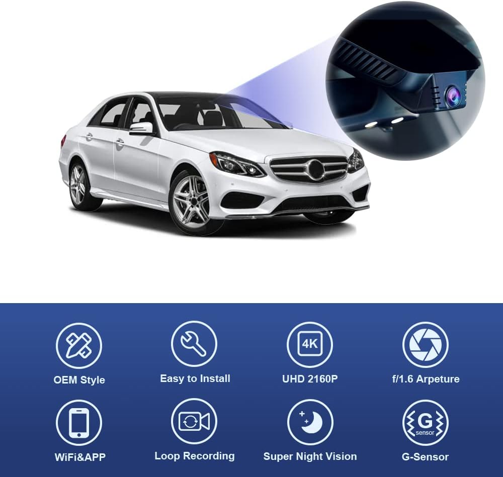 Fitcamx 4K Dash Cam Suitable for Mercedes-Benz E Class 2010-2016 E350 E400 Hybrid E550 E63 AMG W212 (HD2-6020), OEM Style, UHD 2160P Video WiFi, Loop Recording, G-Sensor, Easy to Set, 64GB Card