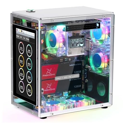 Freenove Raspberry Pi 5 NAS Case Kit (with 1x 128GB SSD), Quad M.2 NVMe SSD Slots, 5 PWM ARGB Fans Light Sync, CPU Tower Cooler, 4.3" Touchscreen, Stereo Speakers, 3.5 mm Audio