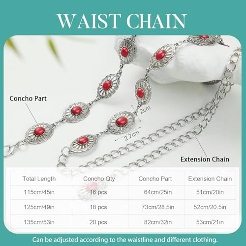 Image of FIORETTO Western Waist Chain Belt Metal Concho Belt for Women Cowgirl Cowboy Boho Country Belt for Dress Jean