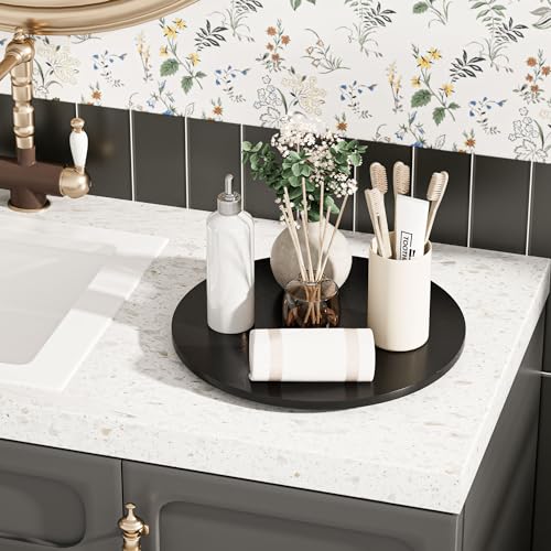 Greatseas Bathroom Counter Organizer Lazy Susan, Black Vanity Tray for Bathroom Decor, Bamboo Lazy Susan Turntable Bathroom Tray for Sponge and Soap, 12" Bathroom Sink Organizer Countertop