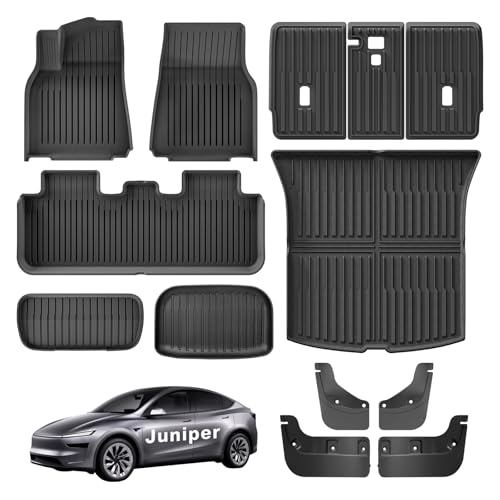 Weize Floor Mats for Tesla Model Y Juniper 2025-2026 All Weather 9Pcs Cargo Liners & 4Pcs Mud Flaps No-Drill Splash Guards Interior Accessories(Not for Standard)