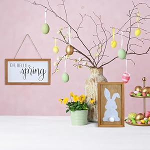 Auldhome design spring wood signs set of 2 farmhouse decor easter and spring door hanger seasonal plaques 10 x 6 inches  urban country home decor