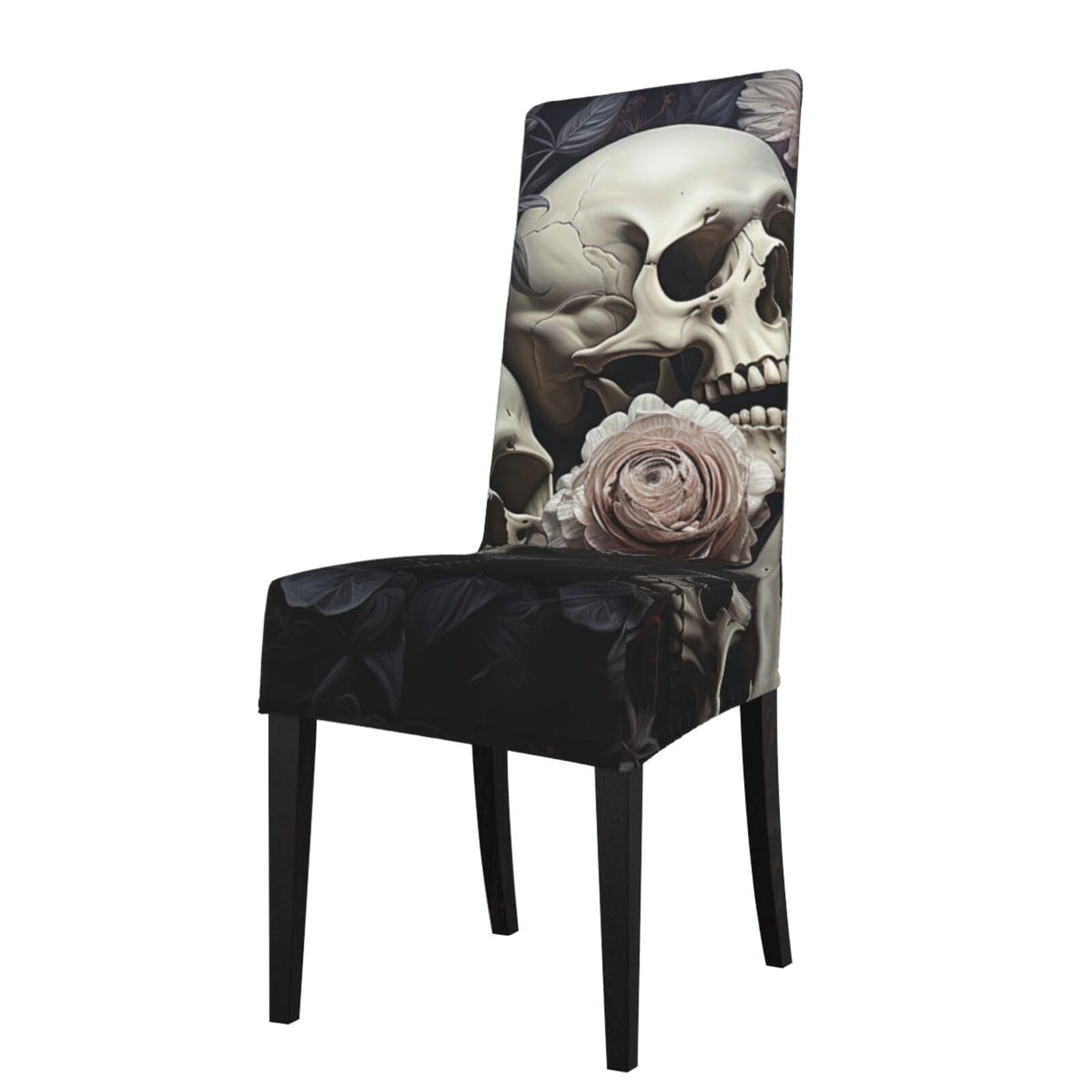 FodPand Stretch Chair Covers for Dining Room, Black and White Flowers and Skull Chair Seat Covers Washable Detachable Chair Slipcover Chair Protectors Covers for Kitchen,Wedding,Party