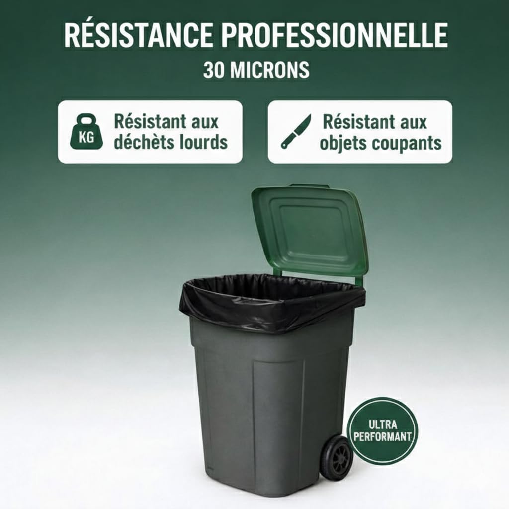 BaBag | Sac Poubelle Conteneur 2 Roues 240 L x 100 | Épaisseur 30 Microns | Housse de Protection Professionnelle Noire | Étanche & Anti-Odeur | 600x1300x580 mm | Sac 100% Recyclé | Lot de 100 Sacs