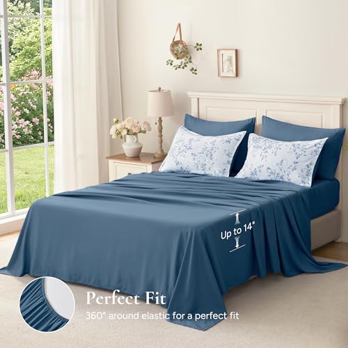 Image of Andency Floral Comforter Set Full Size, 7 Pieces Blue Flower Lightweight Bedding Set for All Seasons, Soft Vintage Bed in a Bag with Comforter, Sheets, Pillowcases & Shams