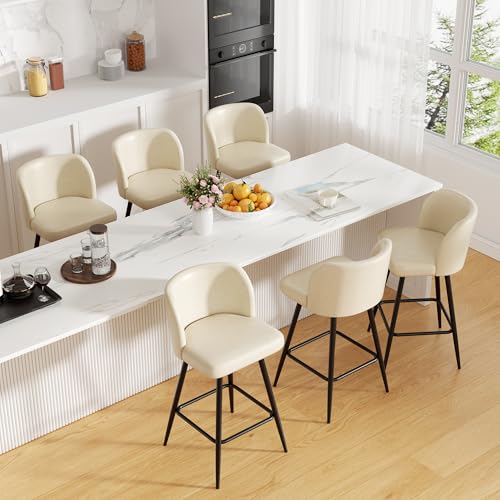Image of Swivel Bar Stools Set of 6, 26 inch Counter Height Bar Stools with High Back and Metal Legs, Faux Leather Bar Chairs, Modern Barstools for Kitchen Island, Beige