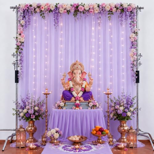 Image of White Net Backdrop Curtain Set for Decoration, 2 Pieces, 8 x 5 feet, for Wedding, Birthday, Anniversary, Engagement (Lavender)