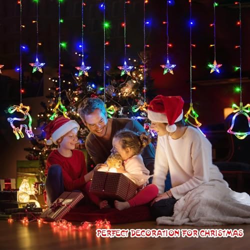 Image of Christmas LED Lights - 138 LEDs with Star, Jingle Bell, Reindeer, and Christmas Tree Designs | 8 Lighting Modes for Home, Bedroom, Wedding, and Party Decorations (Multi Color)
