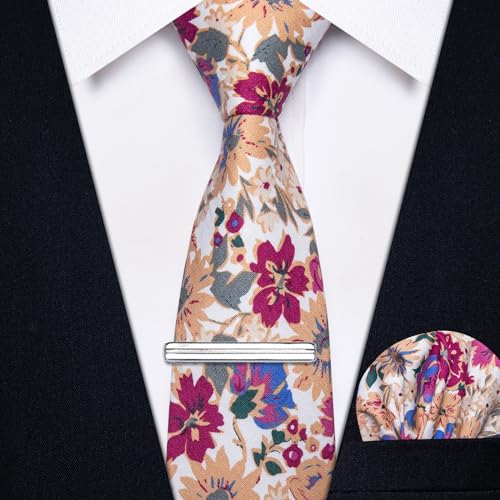 Image of YourTies Cotton Floral Tie for Men 2.5 inch Printed Skinny Necktie Pocket Square Tie Clip Set Flower Wedding Party Groom