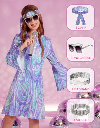 BesserBay Girl's 70s Disco Diva Costume Bell Sleeve Sequins Dancing Dress 4-14 Years2