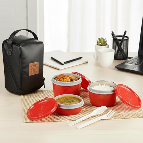 Image of CELLO MF Micro Insulated Lunch Box | Stainless Steel Inner | 3 Container with Leather Carry Pouch | Lunch Pack for Office & School, College Use | 3 Units | Red