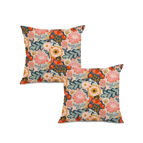 Jartinle Colorful Boho Floral Outdoor Pillow Covers 18x18 Waterproof Set of 2 Decorative Blooming Flowers Accent Porch Cushion Covers for Patio Furniture