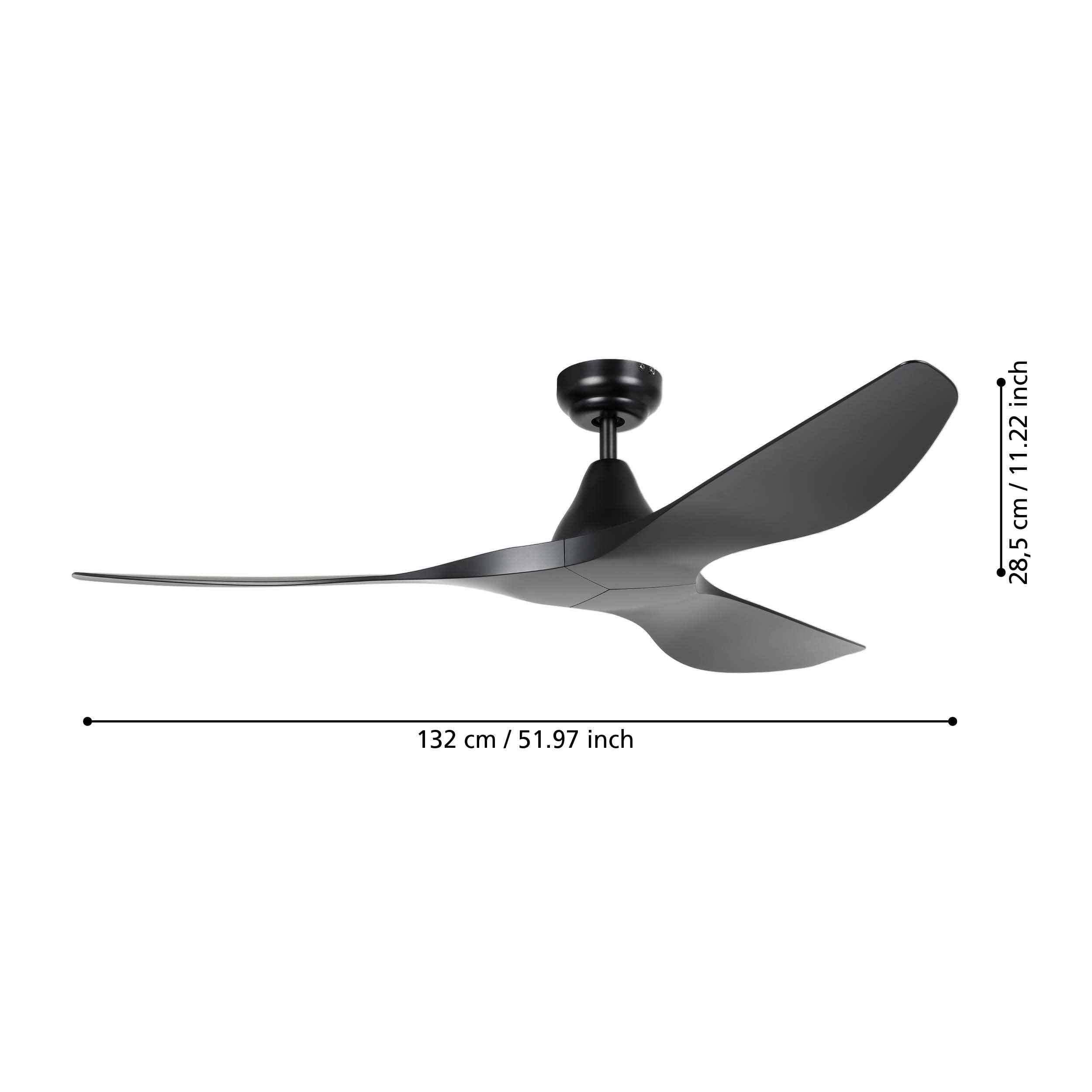 EGLO Deckenventilator Portsea, 3 Flügel Ventilator mit Fernbedienung, Timer und Sommer Winter Betrieb, ABS Kunststoff in Schwarz matt, DC Motor, leise, Ø 132 cm