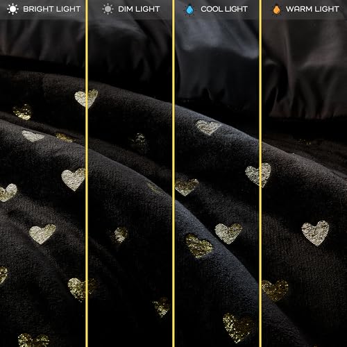 Image of Intelligent Design Queen Comforter Set, 4 Piece Metallic Hearts Bedroom Set for Girls, Queen Bed Set Soft Plush Comforter, Rosalie All Season Fluffy Bedding Set, Full /Queen, Black /Gold 4 Piece