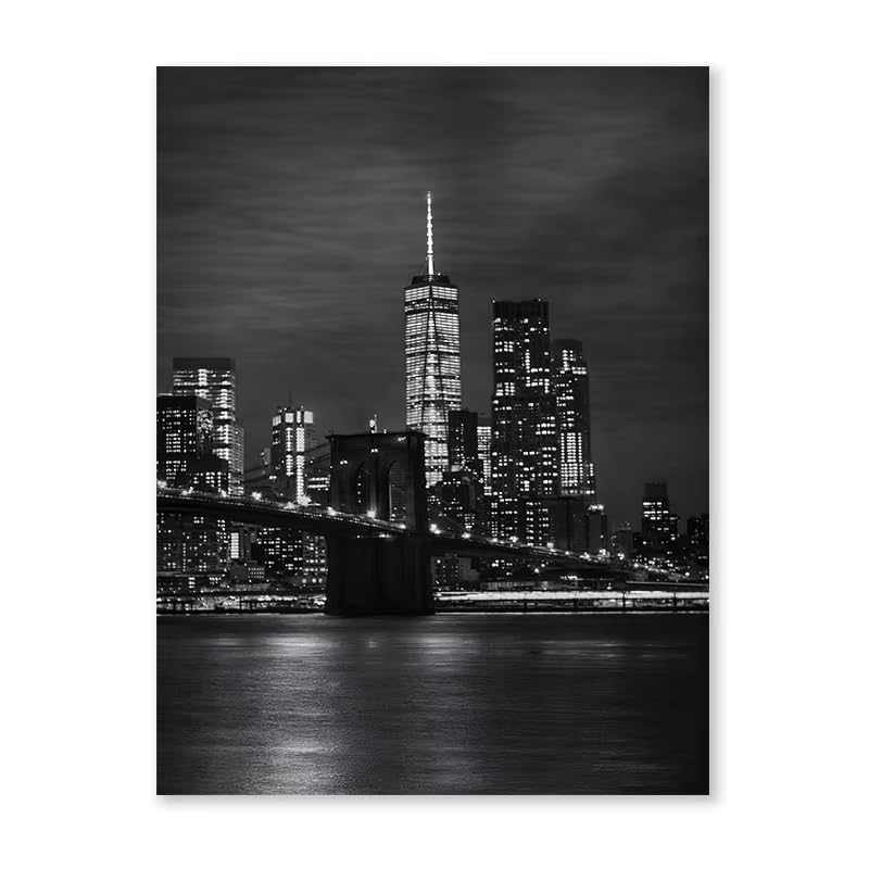 Póster de paisaje nocturno de ciudad en blanco y negro con puente, lámina decorativa para pared, decoración del hogar para dormitorio y sala de estar (80x120cm/31x47in) x3 Sin marco