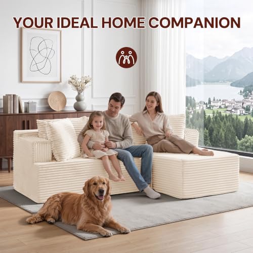 Image of Korser Boneless Couches for Living Room, Cloud Couch Sectional with Ottoman, L-Shaped Sofa with Fluffy Comfy Corduroy Deep Seat, Bedroom, Apartment, No Assembly Required
