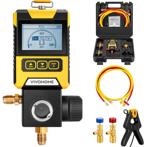 VIVOHOME Digital HVAC Manifold Gauge Set Refrigeration AC Gauge with Wired Temperature Clamp Probe and 2 Hoses for R134a R410a R32 R1234yf R454B Recharge Pressure Temp Test Leak Detection