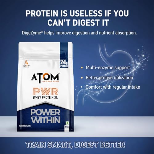 Image of AS-IT-IS ATOM PWR Whey XL - Powered with Fermented Yeast Protein Isolate, 24g Protein, with DigeZyme, Easy Digest, Lean Muscle Gains & Strength, Rapid Recovery, 1kg Choco Hazel Fusion