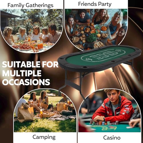 FAHKNS 8 Player Poker Table Foldable, 72 Inch Texas Holdem Casino Table with Padded Rails and 8 Cup Holders, Portable Folding Game Table for Texas Holdem Blackjack Board Games