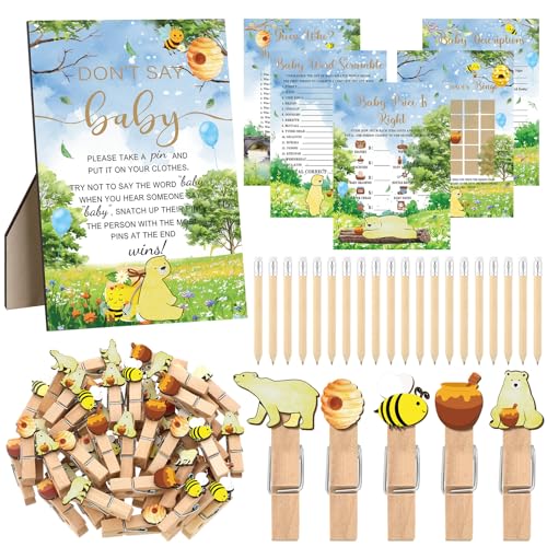Image of Patelai 321 Pcs Baby Shower Games Supplies, 5 Sets (50 Cards Each) Activities Cards with 20 Pencils 1 Don't Say Baby Sign 50 Clothespin(Honey)