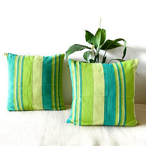 Image of RANGBHAR Handloom Cotton Cushion Covers with Concealed Top Zip, 16 x 16 inch, Green, Pack of 2