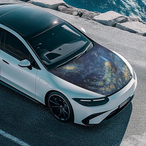 Image of Car Hood Cover, Easy Installation Auto Engine Cover Stretchable Car Hood Protector, Peacock Prints Waterproof Sunproof Automotive Exterior Accessories