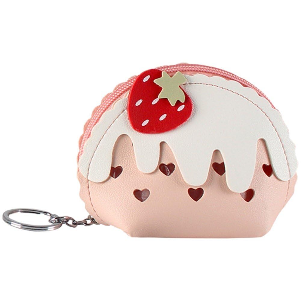 Baokuan Women's Pink Lovely Strawberry Coin Purse Zipper Keychain Bag Cute Mini Wallet Ice Cream Small Organizer Bag For