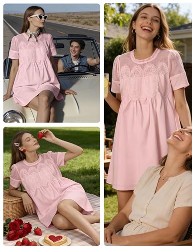 Image of Shiyifa Womens Babydoll Lace Patchwork Dresses Summer Short Sleeve Ruffle Sundress Loose Crew Neck A-Line Dresses