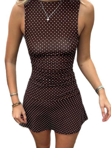 Image of Polka Dot Mini Dress for Women Sleeveless Round Neck Bodycon Flared Hem Casual Summer Outfit 2025