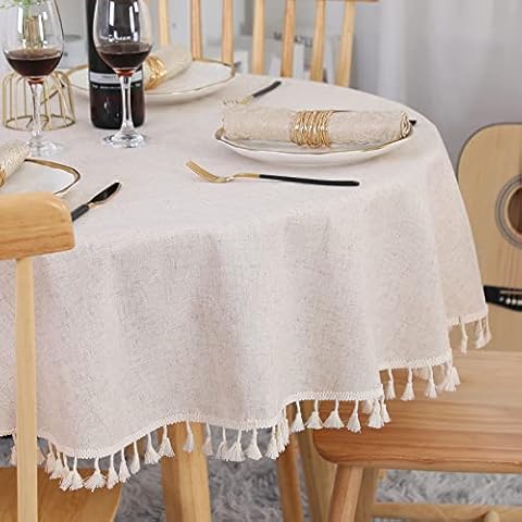 SUCHDECO Beige Round Tablecloth 120 cm Washable Linen Cotton Table Cloth Wrinkle-Free Dustproof with Tassels for Kitchen, Dining Room, Dining Table, Coffee Table, Garden Table Cover