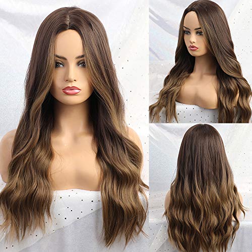 Alanhair Ombre Brown Wig Middle Parting Long Curly Women's Wigs NONE Lace 24 Inch Wigs for Women Natural Looking Synthetic Wigs