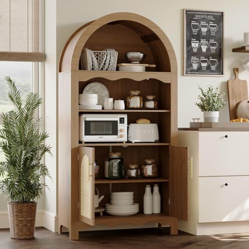 Image of LINLUX 63 inch Arched Kitchen Pantry Cabinet, Arched Cabinet with Rattan Doors & Adjustable Shelves, Versatile Cupboard Arch Cabinets for Kitchen Storage, Dinning Room, Living Room, Entryway, Natural