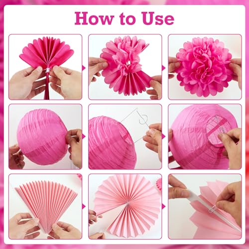 Image of SUNBEAUTY Hot Pink Birthday Party Decorations for Girls Women with Happy Birthday Banner Hot Pink Paper Fans Tissue Pom Poms Lantern Decorations Birthday Decorations Kit