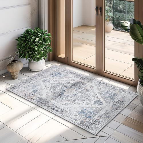 TOPICK Fußmatte Waschbar Fussmatte Innen Grau Vintage Blume Orientalischer Dünner Faltbar Türmatte Abtreter rutschfest Teppich für Haustür Eingangs Küche Patio Flur Schlafzimmer 60x90cm