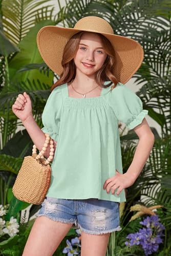 Image of BesserBay Girls Summer Puff Short Sleeve Square Neck Tee Shirts Ruffle Smocked Blouses Cute Swiss Dot Tops 5-14 Years