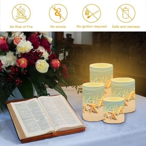 Image of Battery Operated Tea Lights Candles with Timer, Flickering Flameless LED Pillar Color Changing Candles with Remote for Beach Coastal Decor Beach Starfish Blue, Set of 4