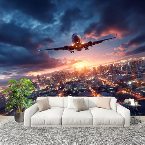 Papel Pintado Mural Foto 200x140cm Vista Nocturna Del AvióN De La Ciudad Papel pintado tejido no Tejido Murales Moderna Diseno Fotográfico Vistoso Decoración de Pared Sala de Estar y Dormitorio