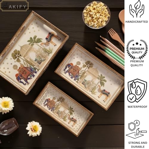 Image of Wooden Serving Tray with Gold Engraving | Set of 3 | Size: 16x10 Inch, 14x08 Inch, 12x06 Inch | Enamel Coated Waterproof | Tray for Decoration | Premium| Royal Camel and Elephant.