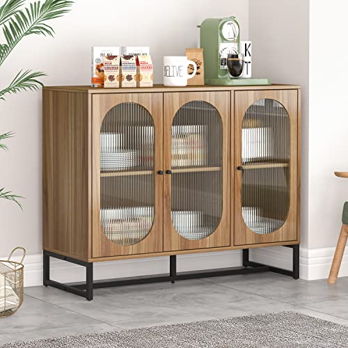 Hooseng Storage Cabinet Cupboard, Freestanding Sideboard With 3 Glass Doors 40 Inch Buffet Cabinet For Living Room Dining Room Bedroom Entryway, Rustic Brown #TOP30