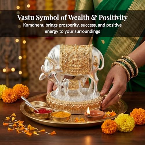 Image of 24K Gold and 999 Pure Silver Plated Kamdhenu Cow Idol - 6 Inch Auspicious Vastu Home Decor for Pooja Room and Mandir - Sacred Two-Tone Symbol of Prosperity and Success