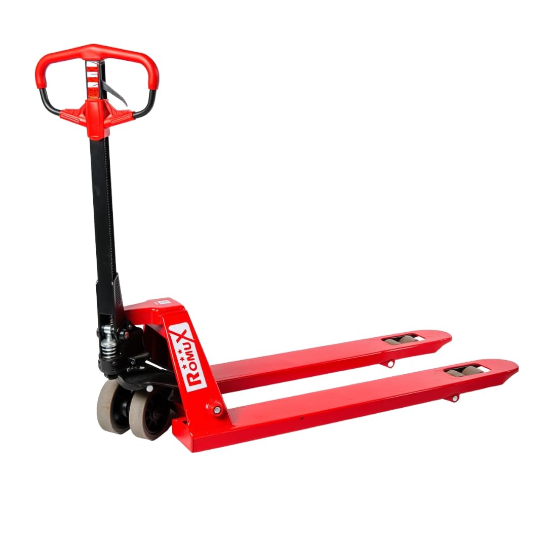 Transpaleta Manual ROMUX Industrial 3000 Kg / 3 Toneladas - Agarre Ergonómico - Ruedas de Poliuretano (PU) Silenciosas - Horquilla 550x1150 mm - Ideal para Almacén, Logística y Carga Pesada (Rojo)