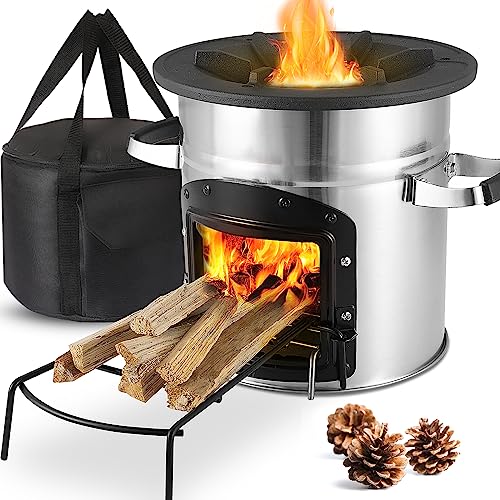 Raketenofen mit Tragetasche, Raketenofen für Dutch Oven Grillpfannen, Camping Raketenofen Outdoor, Rocket Stove Ø26cm, Inkl. Brennholzständer, Ideal für Camping Kochen im Freien, Edelstahl