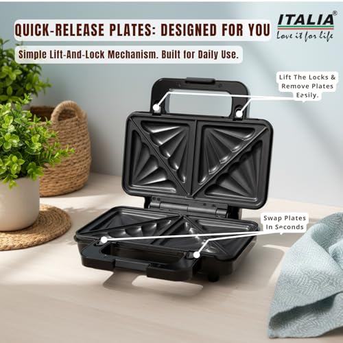 Image of ITALIA 2-in-1 1000W Sandwich And Grill Maker | Interchangeable Quick-Release Non-Stick Plates for Easy Clean | Deep Fill Toastie Press, Panini, Waffle Iron | 1 Year Warranty