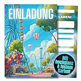 HIDEBLOOM I Freizeitpark Einladungskarten I Kindergeburtstag Junge Mädchen I 12 Stück I DIN A6 (10,5 cm x 14,8 cm) I Achterbahn Einladung Geburtstag I Einladungskarte Teenager Kinder I Riesenrad