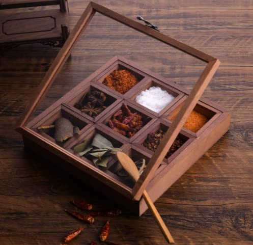 KAM Home Wooden Spice Rack Organiser and Masala Dabba Style Spice Storage Box with Lid. 9 Compartments With a Glass Lid (1248548)