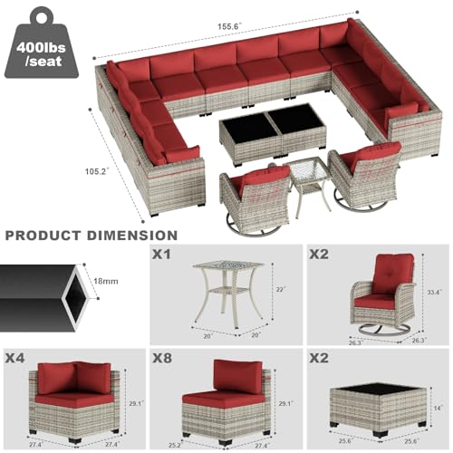 Image of Outdoor PE Wicker Rattan Modular Patio Sectional Sofa Set | 17-Piece: 12 Modular Seats, 2 Coffee Tables, 2 Swivel Rocking Chairs & Side Table, Red