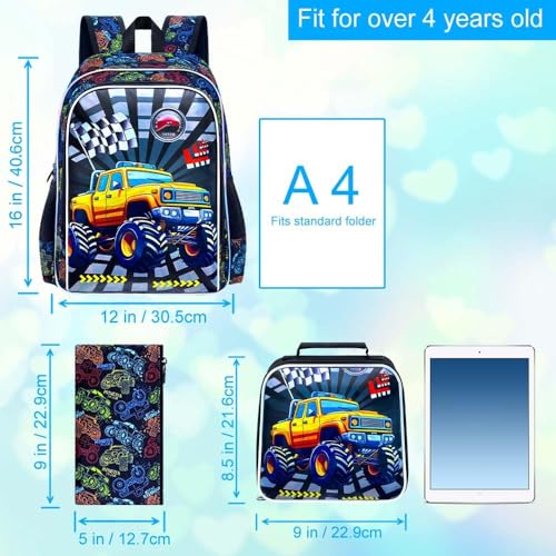 Image of 16 inch Truck Backpack for Boys, 3Pcs Bookbag with Lunch Box, Kids School Backpacks Set for Elementary Preschool Kindergarten (Balck)