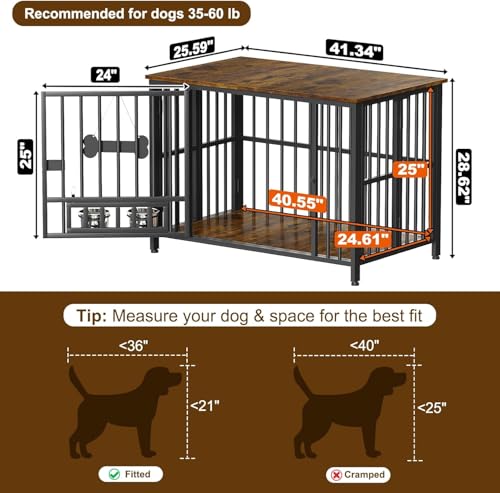 Easycom Foldable Dog Crate Furniture for Large Dogs 35-60 lb, Rustic Brown | Dog Cage with Adjustable Bowls and Name Tag, No Assembly Decorative Wooden Dog Kennel Indoor, End Table - Image 7
